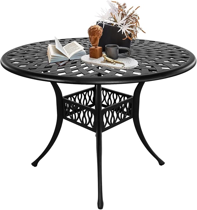 42" Cast Aluminum Outdoor Dining Table,Dining Conversation Side Table, Patio Bistro Table with 1.97" Umbrella Hole for Backyard, Garden, Patio, Porch