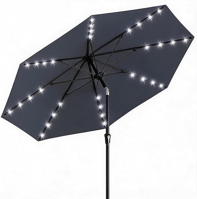 GarveeLife 9 ft Patio Umbrella with Solar Lights, 8 Ribs Outdoor Market Table Umbrella with 32 LED Lights & Tilt Crank for Pool, Deck, Backyard, Gray