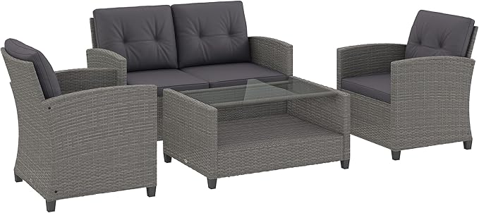 Outsunny 4 Pieces Patio Furniture Sets with Cushions, PE Rattan Wicker Conversation Chairs w/Two-Tier Coffee Table for Backyard Porch Garden Poolside and Deck, Charcoal