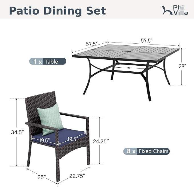 PHI VILLA 9 Pieces Square Outdoor Dining Set for 8, Large Metal Dining Table & Rattan Wicker Chairs with Cushions, Dining Furniture Set for Patio, Deck, Yard, Porch