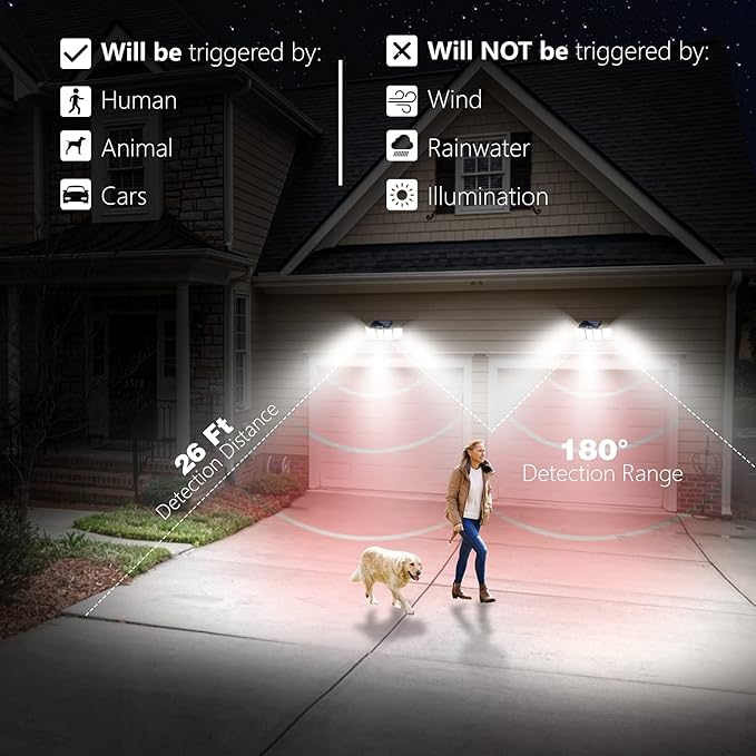 AmeriTop Solar Lights Outdoor 300 LED 6500K Motion Sensor Lights Cordless; 5 Adjustable Heads, 360° Wide Angle Illumination, IP65 Waterproof, Security Flood Light for Patio Yard Garden 2 Pack