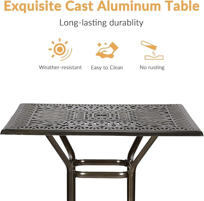 Cast Aluminum Patio Bar Table, 35.4" Outdoor Bar Height Bistro Table with 2.2" Umbrella Hole, Patio Bistro Square High Top Dining Table Pub Table for Porch Balcony Backyard, Dark Bronze
