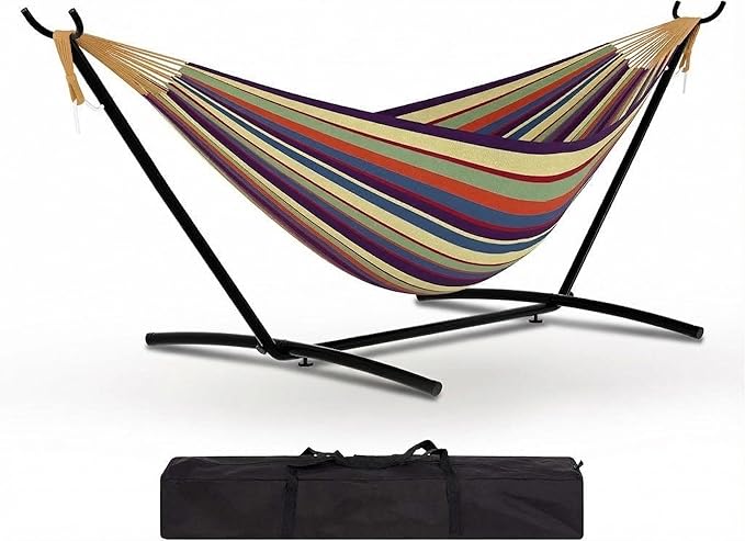 Double 2 Person Hammock with Heavy Duty Steel Stand, Indoor Outdoor Hammock with Carry Bag, 450LBS Weight Capacity, Space Saving Hammock for Garden Patio Camping Beach
