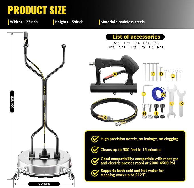 VELPAX 22 Inch Pressure Washer Surface Cleaner with 4 Wheels,Dual Handle,Stainless Steel Housing,4500 PSI Power Washer Accessory for Concrete, Patio, Sidewalk, Deck, Driveways and Daily Washing