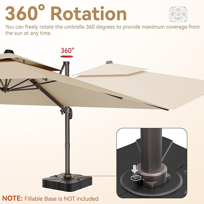 9x12 FT Patio Umbrella, Large Cantilever Rectangular Double Top Heavy Duty Offset Umbrellas with 360° Rotation, Outdoor shade for Garden Deck Pool, Tan
