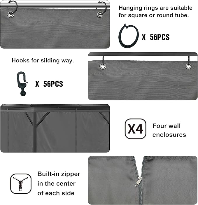 10'x10' Privacy Gazebo Curtains Outdoor Waterproof, 4-Panel Sidewall Curtains Universal Replacement with Zipper for Patio, Backyard, Garden (Grey)