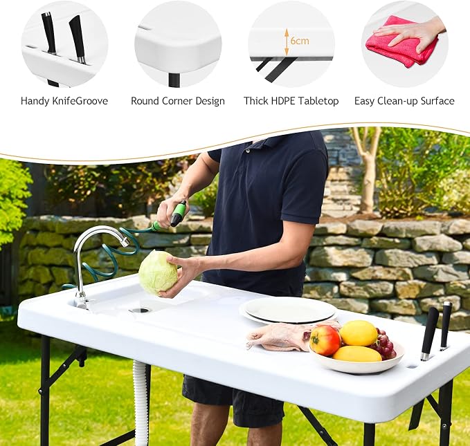 ReunionG Folding Fish Cleaning Table with Sink, Portable Camping Fillet Table with Foldable Faucet, Spray Nozzle & Drainage Hose, Heavy Duty Outdoor Fish Cleaning Station for Garden, Picnic, Patio