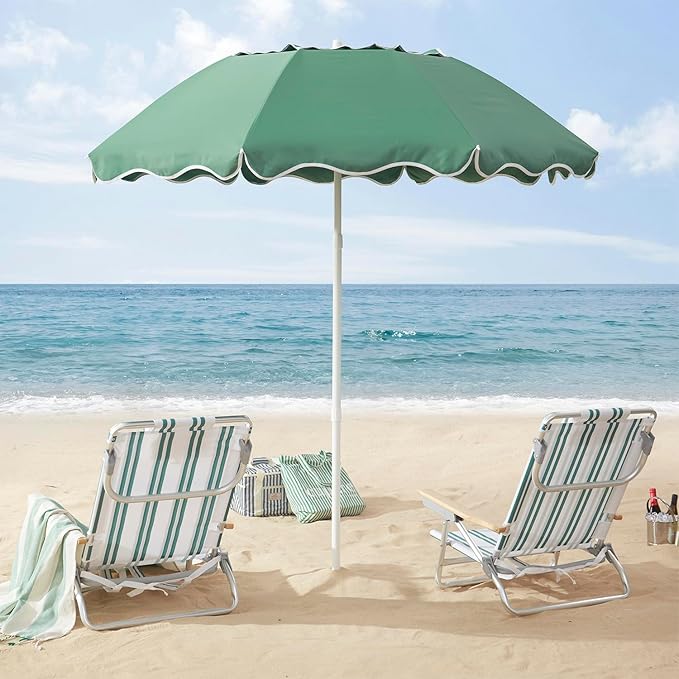 7.2FT Patio Beach Umbrella, Adjustable Height and Tilt Design, UPF 50+ Sun Protection with Silver Coating, Wind-Resistant Fiberglass Ribs, Portable 2-Fold Design, Includes Carry Bag, Base Not Included