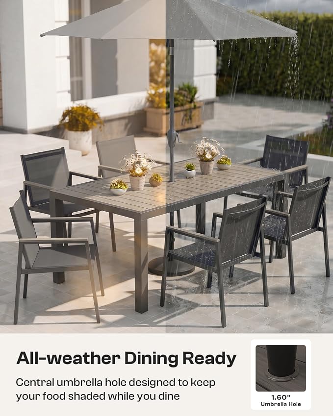 Outdoor Dining Table, Aluminum Patio Table Set, All Weather Patio Dining Furniture Set with Umbrella Hole for Backyard, Deck, Poolside (Charcoal)
