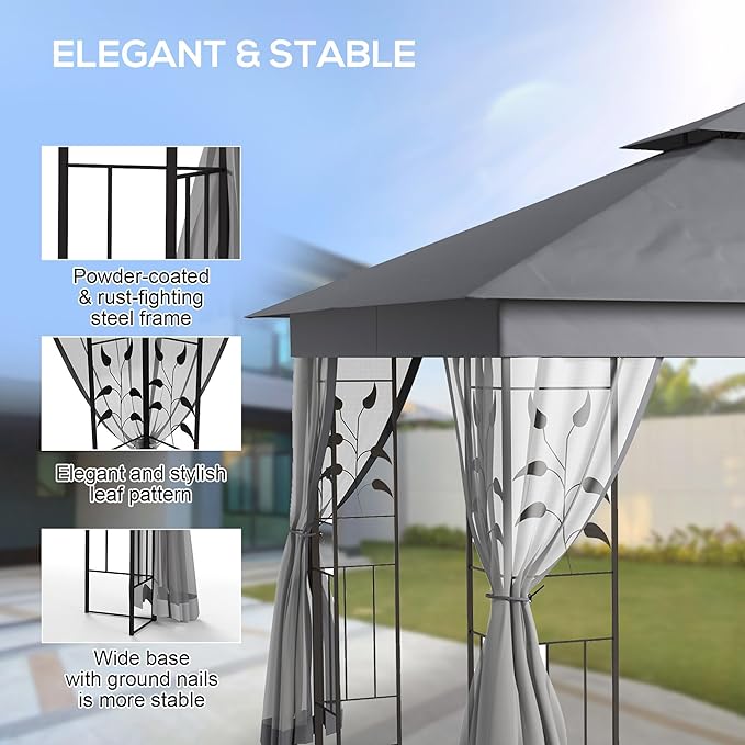 Outsunny 10' x 11.5' Metal Patio Gazebo, Double Roof Outdoor Gazebo Canopy Shelter with Tree Motifs Corner Frame and Netting, for Garden, Lawn, Backyard, and Deck, Gray