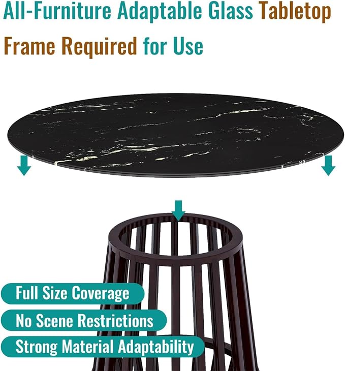 32 Inch Round Black Marble Glass Table Top, 8mm Thick Tempered Glass Tabletop for Dining Tables, Coffee Tables, Patio Tables