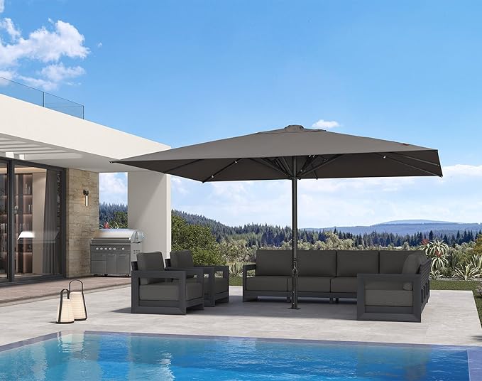 PURPLE LEAF 15' x 11' Rectangular Semi-Auto Outdoor Patio Umbrella Aluminium Market Umbrella Table Sun Umbrella with 3.15" Rod and 8 Sturdy Ribs for Deck Lawn Pool Garden, Gray