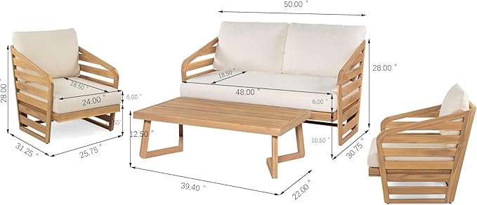 Acacia Wood 4-Pieces Patio Conversation Set, All Weather Sectional Sofa Set w/ 2 Club Chairs, Loveseat and Table, Outdoor Furniture Set with Zipper Cushions, Unique Frame Design