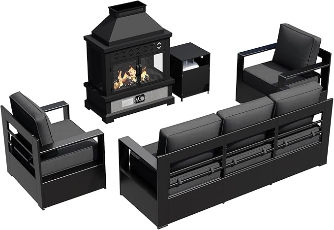 Outdoor Aluminum Furniture Set, 4-Piece Patio Conversation Set, 2 Chairs, 1 Sofa and 1 Fireplace, All-Weather Metal Frame, 6" Thick Removable Cushions, Deep Setting for Garden, Poolside and Porch