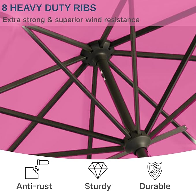 9' Solar LED Patio Umbrella with Tilt & Crank|8 Sturdy Ribs,UV Protection,Outdoor Market Table Umbrella for Deck,Lawn,Pool,Backyard(Rose Pink)