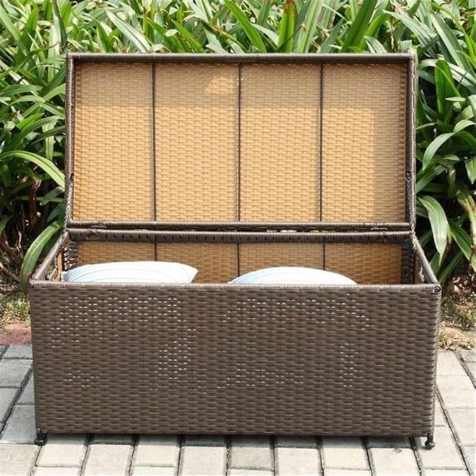 Afuera Living Modern Wicker Patio Storage Deck Box, 40 in x 20 in x 20 in, Steel Frame with Resin Wicker Panels, Espresso Finish, Hinged Lid with Chain Stopper, Outdoor Blanket and Pillow Storage