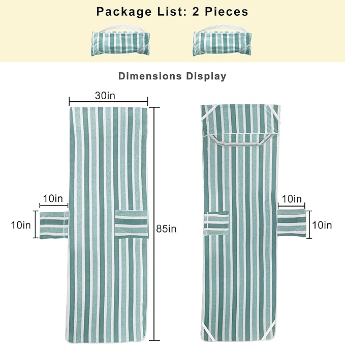 Lounge Chaise Chair Towel Cover,Pack of 2, Ultra Plush & Absorbent Micro Fleece Towel Cover for Pool,Beach,Outdoor(Garden, Courtyard)| Faster Drying, Non-Slip,2 Side Pockets | 85" x 30"-Green