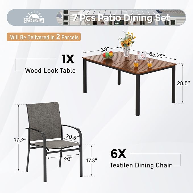 SUNSHINE VALLEY Patio Dining Set for 6, Rectangular Wood-Like Metal Table with Umbrella Hole and 6 Brown Chairs, Outdoor Table and Chairs for Lawn Garden Backyard and Deck