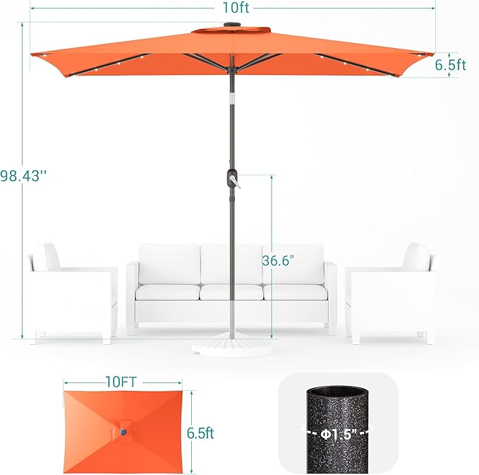 Rectangle Patio Umbrella with Solar Lights, 10 x 6.5ft Rectangular Outdoor Umbrella Table Market Patio Umbrella with Push Button Tilt and Crank for Garden, Deck, Backyard, Pool