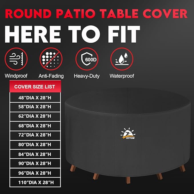Zettum Round Patio Table Cover 90 Inch - 600D Outdoor Furniture Cover Round Waterproof & Heavy Duty, Large Lawn Furniture Set Covers for Outside Dining Table and Chairs Seating - 90 x 90 x 28 Inch