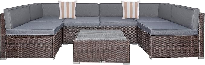 7-Piece Outdoor Patio Furniture Set with PE Rattan Wicker Sectional Sofa, Cushioned Conversation Set and Coffee Table for Garden, Backyard, Porch Seating