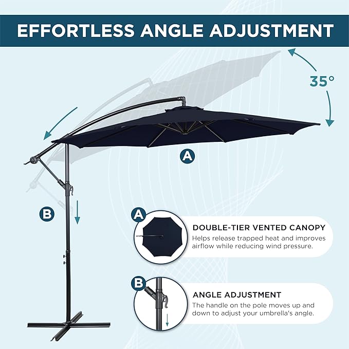 10FT Offset Patio Umbrella, Cantilever Hanging Umbrella with Infinite Tilt, Fade-Resistant Water-Repellent Canopy & Cross Base for Yard, Garden & Deck