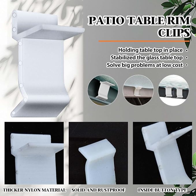 Wenfan 30 Pcs Table Rim Clips 1.26"x0.79" Nylon Patio Table Clips for Glass and Acrylic Table Tops White Patio Furniture Clips - Help Support Tabletops in Rim