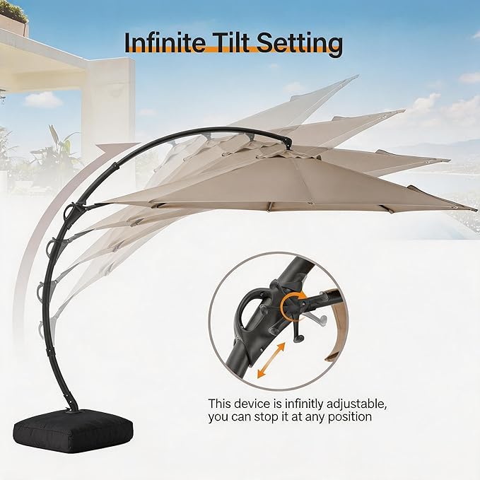LAUSAINT HOME 11ft Patio Cantilever Umbrella with Base Included, Outdoor Curvy Round Offset Umbrella, Heavy Duty Aluminum, 360° Rotation for Pool, Deck, Lawn, Backyard (Beige)
