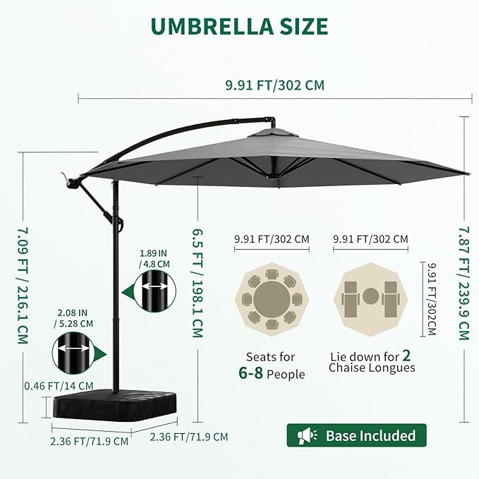 10FT Patio Umbrella with Base, Outdoor Umbrella Pool Umbrella Cantilever Umbrells - UV Protection, Easy Tilt & 360° Rotation for Poolside, Backyard & Garden