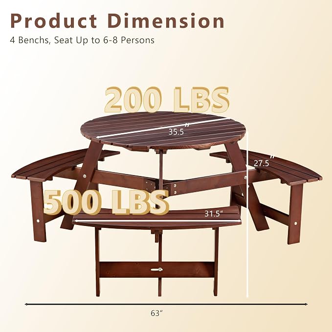 6 Person Wood Picnic Table, Outdoor Round Dining Table with 3 Built-in Benches, Umbrella Hole, Outside Patio Backyard Table and Bench Set, 500lbs Capacity Per Bench(Brown)