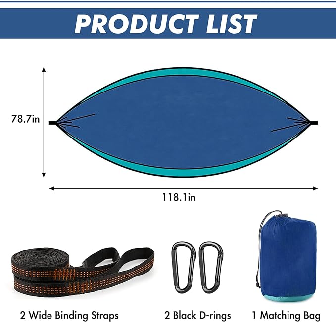PeakPursuit Camping Double Hammock, Portable Hammock with Tree Straps, Tree Hammocks, Perfect for Outside Indoor Hiking Beach Backpack Travel, Blue