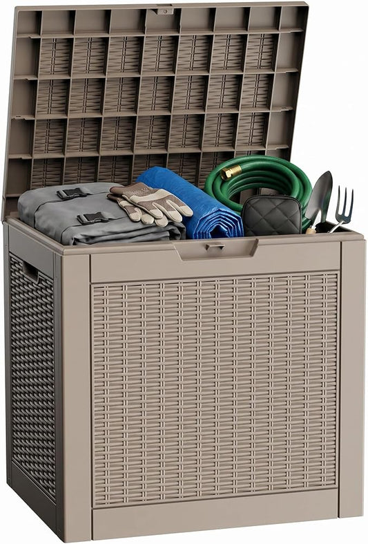 31 Gallon Deck Box, Lockable Waterproof Outdoor Storage Boxes For Garden Tools,Indoor Cushions,Accessories Outside Storage Resin Weatherproof Container(Grey)