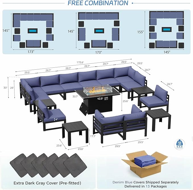 NICESOUL 12 Person Oversized Aluminum Patio Furniture Set with Fire Pit Table & Side Table, 500 lbs Heavy Duty Modular Sectional Sofa, Modern Water Resistant Conversation Set for Terrace, Denim Blue