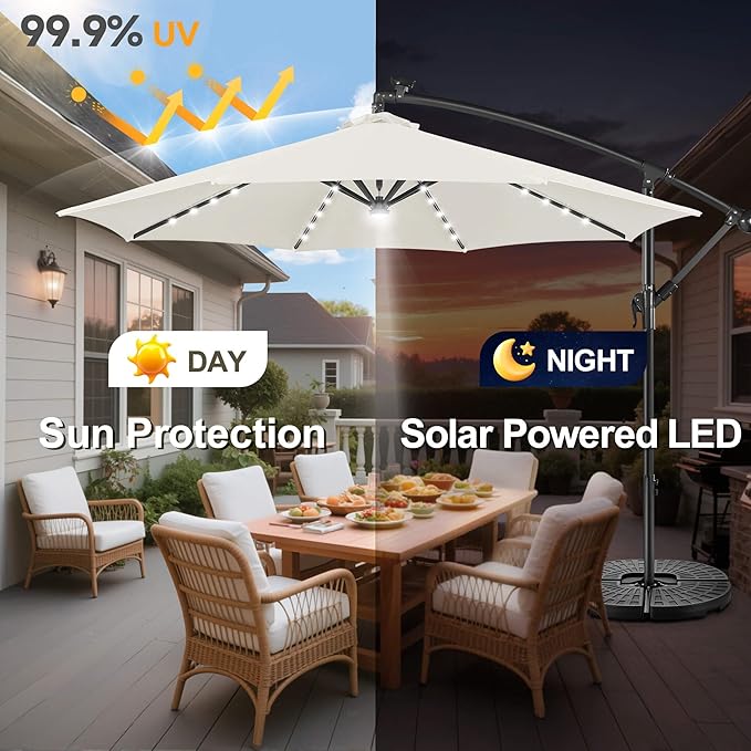 Solar Offset Patio Umbrella - 10 FT Solar Cantilever Umbrella Outdoor with 40 LED Lights and Cross Base, UV Protection for Garden, Deck, Backyard, Pool, Porch, Ivory