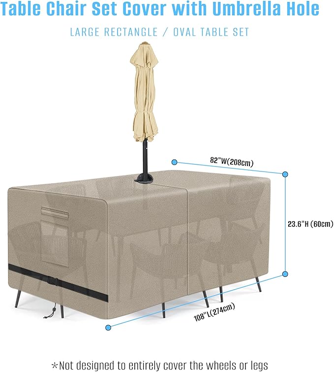 SIRUITON Rectangle Patio Table Cover with Umbrella Hole 108" L X 82" W X 23.6" H Heavy Duty 600D Oxford Fabric Outdoor Waterproof Lawn Patio Furniture Covers