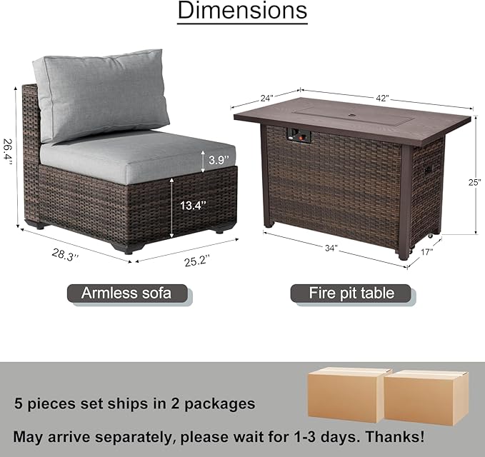 Patio Furniture Set with Fire Pit Table, Outdoor Sectional Rattan Sofa Set, Patio Set Seating Furniture with Thickened Cushions (Gray, 5 Pieces)