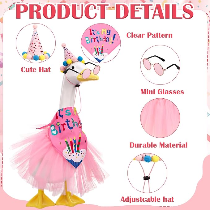 6Pcs Porch Goose Birthday Decor Set for Outdoor Cement Goose Yard | Cute Porch Goose Birthday Costume Accessory Kit With Tutu Skirt Party Hat Scarves Bow Tie Glasses for Outdoor Decoration