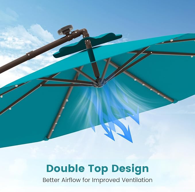Tangkula 10FT Offset Patio Umbrella with Base Included, Outdoor Cantilever Umbrella with 40 Solar LED Lights, Tilt Adjustment, Crank Handle, Vented Top, Sand Bags for Pool Yard Deck (Turquoise)