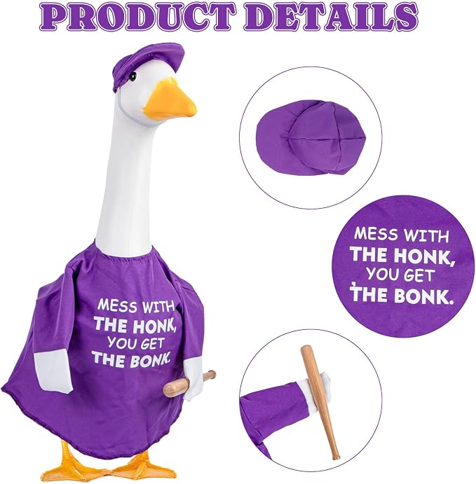 CAMDUCK Funny Porch Goose Outfit for 23 Inch Goose Statue, Mess with The Honk You Get The Bonk Goose Clothes, Decorative Lawn Geese Costume Clothing for Outdoor Decor (Purple)
