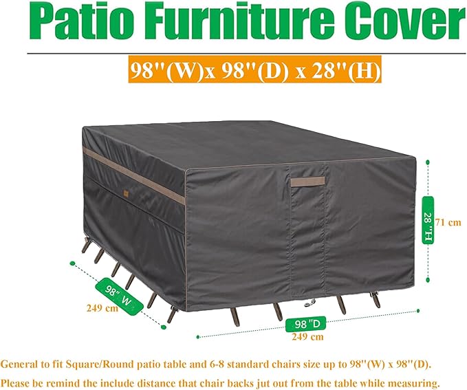 Heavy Duty Waterproof Patio Furniture Covers UV Resistant Square Outdoor Table and Chair Covers 98" Wx 98" D x 28" H Dark Grey