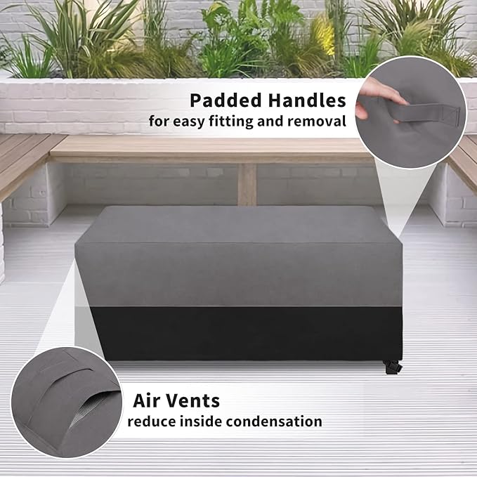 Easy-Going Patio Coffee Table Cover Small Outdoor Rectangular Table Cover, UV Resistant Waterproof Patio Furniture Ottoman Cover (48" Lx28 Wx16 H, Gray/Black)