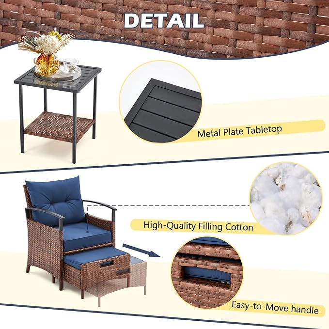 AVAWING 5 PCS Outdoor Rattan Furniture Set, Wicker Conversation Sets W/Metal Coffee Table and Soft Cushions, Patio Chairs with Ottomans for Garden, Porch, Balcony and Deck (Blue)