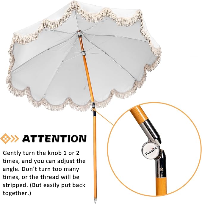 6.5ft Pagoda Beach Umbrella with Fringe, UPF 50+ Boho Umbrellas with Carry Bag, Premium Wood Pole Foldable Tassel Umbrella for Outdoor Garden Lawn Pool Yard Table