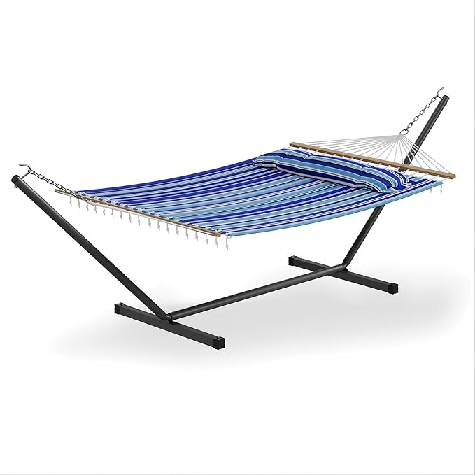 GarveeLife 57" 2 Person Outdoor Hammock, Widening Design Cotton Hammock with Metal Stand, Heavy Duty Construction, 450 LBS Weight Capacity, Blue
