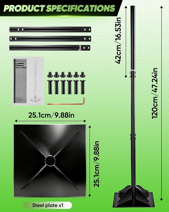 Saker Steel Tamper Heavy Duty Hand Compactor Tool, 10x10 Inch Ground Tamper for Soil, Gravel & Asphalt Compaction, 48 Inch Cushioned Handle for Driveway, Paver, Yard & Blacktop Repair