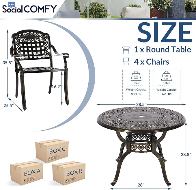 5-Piece Outdoor Patio Dining Set, All-Weather Cast Aluminum Furniture Conversation Set, Include 4 Chairs and a 38.5” Round Table with Umbrella Hole for Balcony, Lawn, Garden