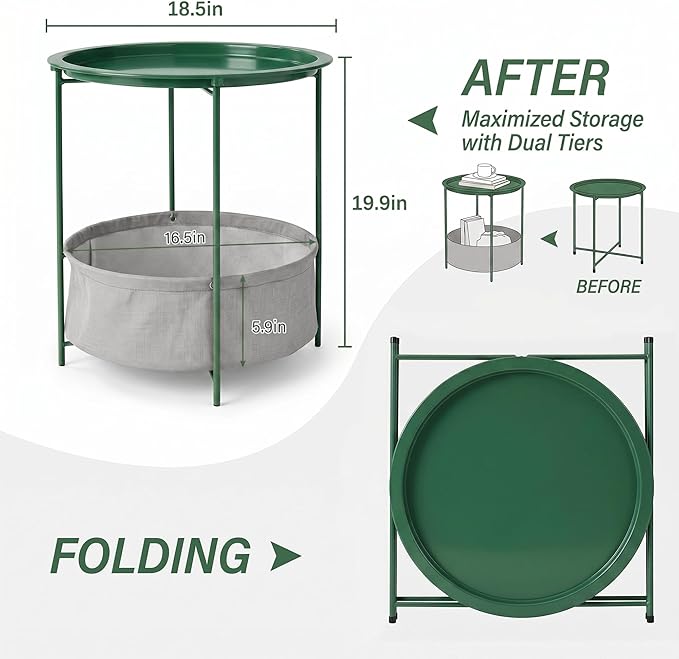 VECELO Round Side/End Table with Fabric Storage Basket，Metal Anti-Rust and Waterproof Small Bedside Nightstand with Removable Tray Top for Living Room，Balcony & Laundry，Dark Green /1pcs with Basket