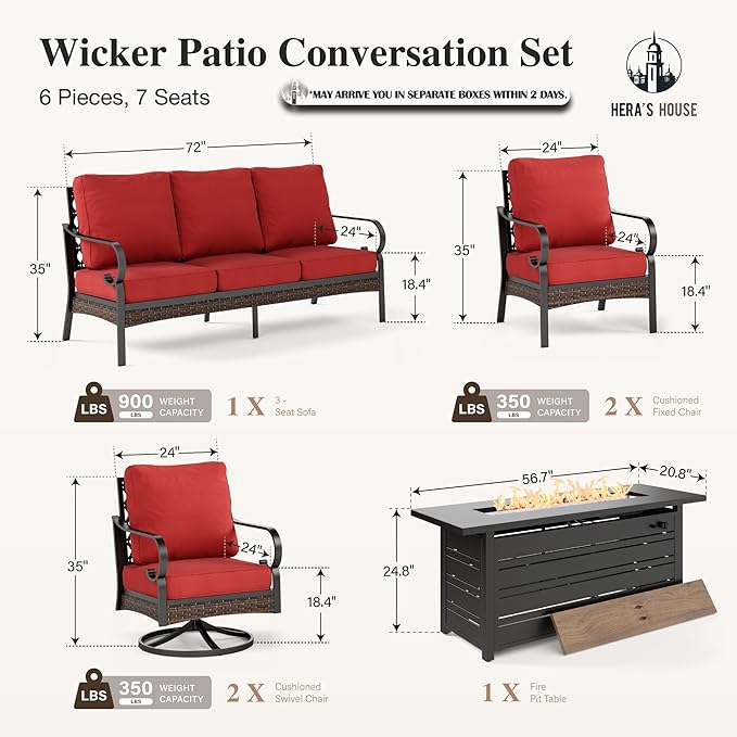 HERA'S HOUSE 6 Piece Metal Patio Furniture Set with 56" Fire Pit Table, All Weather Outdoor Conversation Set, 3 Seat Sofa, 2 Swivel Chairs, 2 Fixed Chairs, Seats 7 for Backyard, Garden, Deck, Red