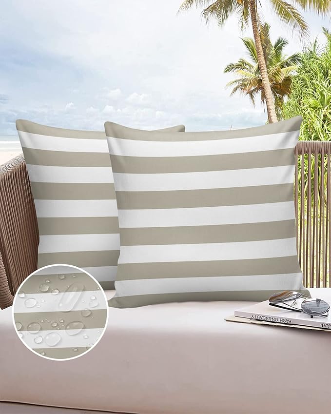 ALAGEO Outdoor Waterproof Pillow Covers for Patio Furniture Solid Striped Decorative Throw Pillow Cover Beige Pillowcases Set of 2 Cushion Case for Sofa Couch Chair Home Decor 24 x 24 Inches