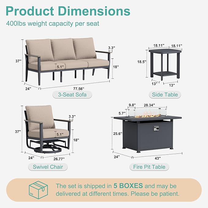 7-Seat Outdoor Patio Furniture Set with Rocking Swivel Chairs, Aluminum Sectional Sofa Patio Conversation Set with 55,000 BTU Fire Pit Table & High Backrest & Thickened Cushions, Sand